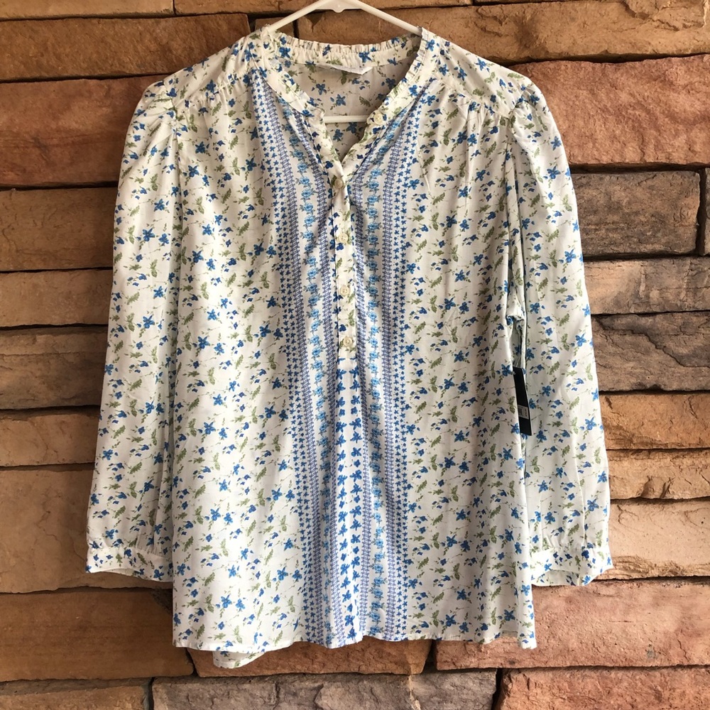 Lucky Brand white blue floral boho peasant top NWT